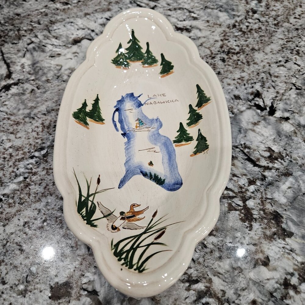 BRAND NEW HANDMADE LAKE NAGAWICKA LAKE COUNTRY CRACKER TRAY AND APPETIZER DISH